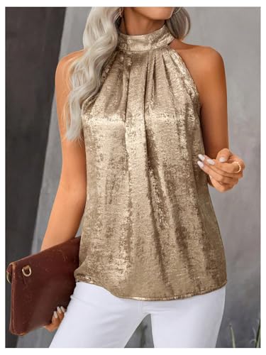 SOLY HUX Women's Metallic Halter Tops Sleeveless Mock Neck Tank Top Summer Party Cocktail Vest Shirts3