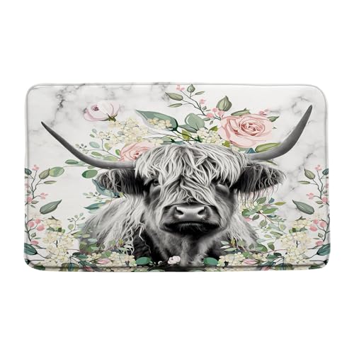 Farmhouse Highland Cow Bath Mat Western Funny Farm Animal Portrait of Longhorn Bull Pink Floral Rustic 24