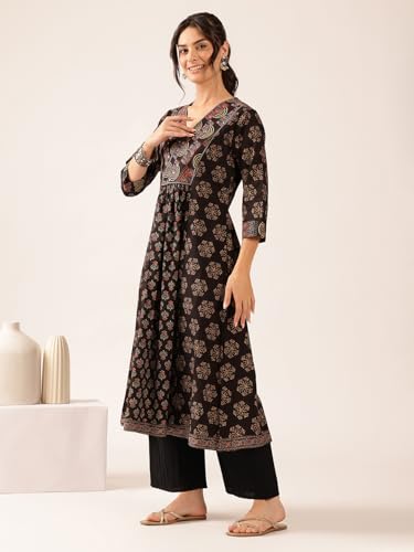 Image of Vbuyz Women's Cotton Floral Print A-Line Regular Fit Kurta