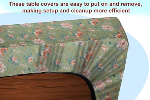 Image of The Furnishing Tree Elastic Cotton Rectangular Dining Table Cover 30x48 in Inches Floral Multicolor on Greenish Base
