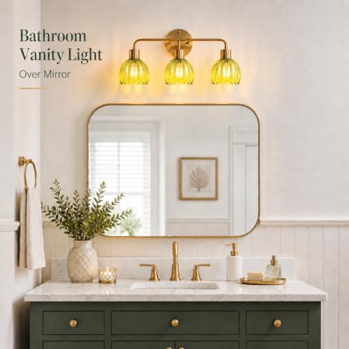 Image of 3-Light Gold Brass Bathroom Light Fixture,Wall Sconces,Brushed Gold Vanlity Light Over Mirror,Bathroom Vanity Light with Green Glass Flower Shade,E26 Socket(Bulbs Not Included)