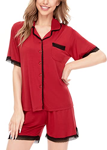 Women's Pajamas Set, Short Sleeve Sleepwear Lace Hem Pj Lounge Sets Nightwear Pajamas for Women S-XL