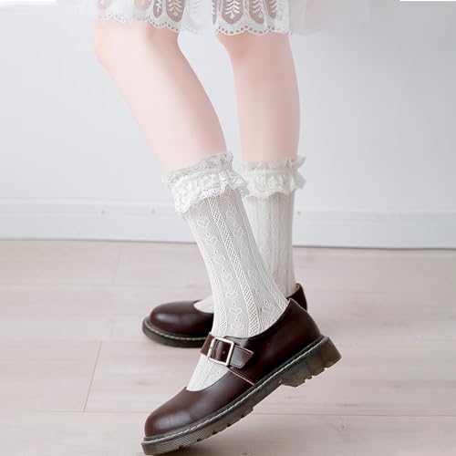 Image of Women Lace Ruffle Socks White Black Frilly Lolita Crew Dress Socks