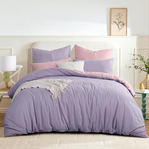 RUIKASI Parure de lit réversible 3 pièces, lavande et rose, housse de couette de 220 x 240 cm avec fermeture éclair, en microfibre certifiée Oeko-Tex,...