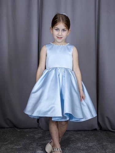 Satin Flower Girl Dresses for Wedding Pearls Bowknot Kids Sleeveless V-Back Princess Pageant Prom Short Ball Gowns4