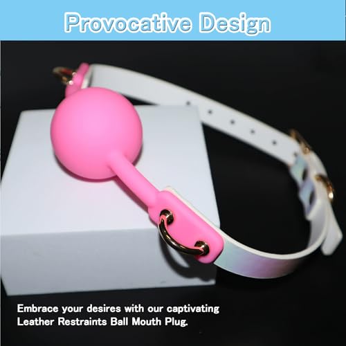 Image of DFsucces Leather Restraints Ball Mouth Plug Silicone Bondage Ball Gag Hollowed-Breathable Silicone Sex Gag Muzzles Adjustable Strap Bondage Harness Restraints( (Pink-I1)