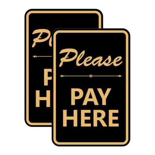 Portrait Round Please Pay Here Sign with Adhesive Tape, Mounts On Any Flat Surface (Black/Gold) - Small (2 Pack)