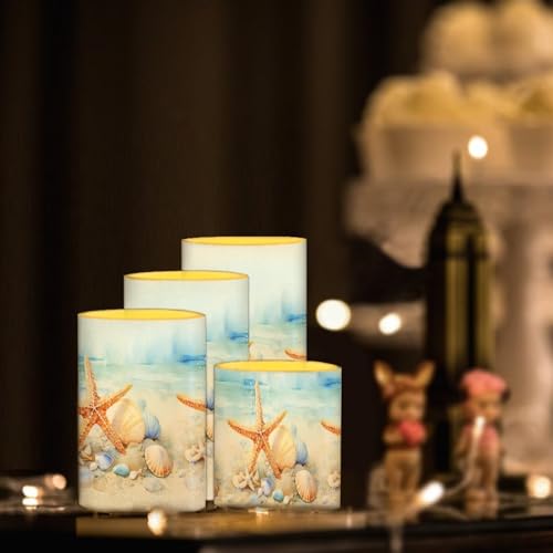 Image of Flameless Candles Battery Powered LED Candles with Remote Timer Color Changing Control Long Lasting for Indoor Outdoor Home Coastal Decoration Pack of 4, Starfish Seashell Painting