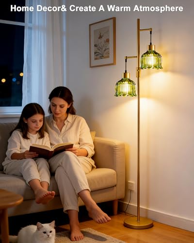 Image of Lightdot 2- Light Gold Flower Floor Lamp, 65IN Green Glass Floor Lamps with 3000K Warm White Bulbs, Modern Standing Tall Lamp with 5Lbs Heavy Base for Living Room Bedroom Home Office Sofa Beside