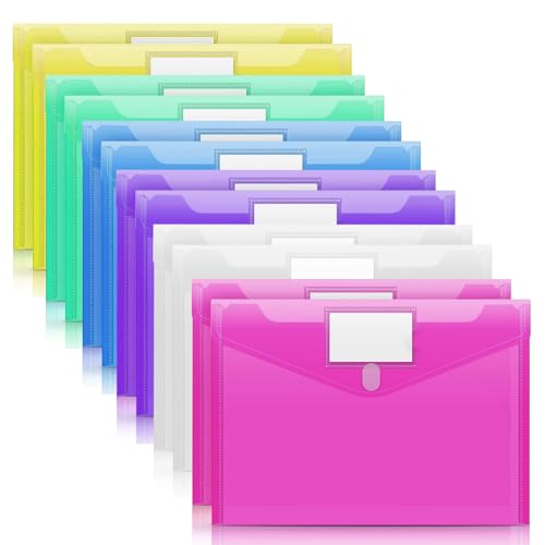 Pochette Document A4,Pochette Classeur 6 Couleurs PVC Transparentes,Pochettes Fermeture vec Rabat Fermeture à Pression et Etiquette,pour Bureau,Voyage, Fournitures(12PCS)