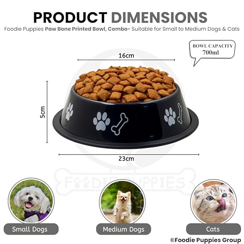 Image of Foodie Puppies Stainless Steel Dog Bowl Combo - (Medium, 700ml) Food and Water Feeding Gift Bowl | Suitable for Dogs, Cats and Other Pets I Paw Bone Print, Anti-Skid Rubber Base (Black + Orange)