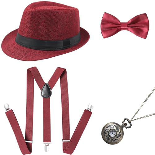 Image of BABEYOND 1920s Mens Gatsby Gangster Accessories Set Panama Hat Suspender Bow Tie