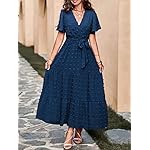 MASCOMODA-Women-Boho-Swiss-Dot-Maxi-Dresses-Wrap-V-Neck-Flutter-Short-Sleeve-Solid-Tie-Waist-A-Line-Tiered-Flowy-Long-Dresses