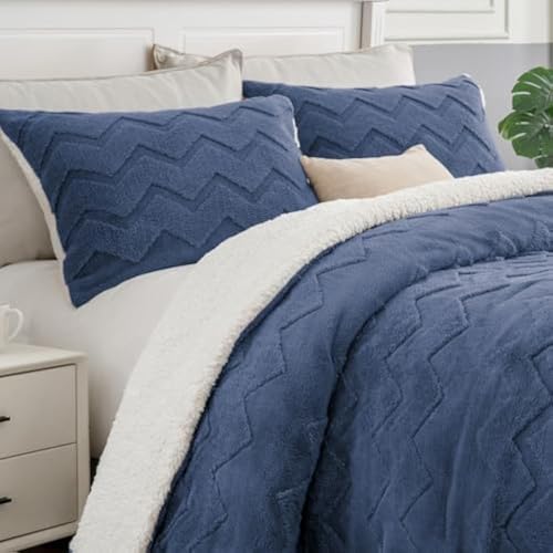 Image of BEDELITE Fluffy Sherpa Full Comforter Set,Navy Blue | Super Soft & Warm Fleece Bedding, Luxury Fuzzy Comforter for Winter, Heavy Plush Bedding Set,2 Pillowcases