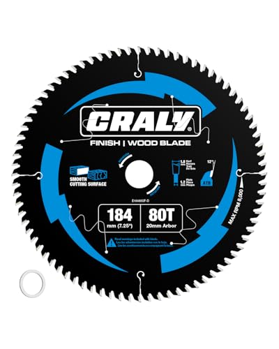 Image of CRALY 184mm 80 Teeth Ultra Fine Finish Wood Cutting Circular Saw Blade,20mm Arbor, Carbide Tipped, Thin Kerf, Black Ice™ Coating, for Plywood, MDF, OSB, Laminated (E18480UF-D)