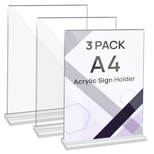 JEFURE A4 Acrylic Sign Holder, 3 Pack Clear Perspex Display Stands, T-shape Plastic Poster Stand, Double-sided Menu Holder for Home, Office, Store, Restaurant