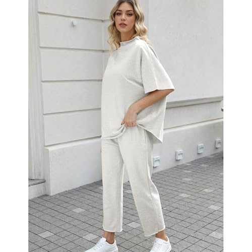 Ainangua Women Casual Two Piece Outfits 3/4 Batwing Sleeve Capelet CrewNeck Pullover Top Wide Leg Pants Lounge Sets Sweatsuit4