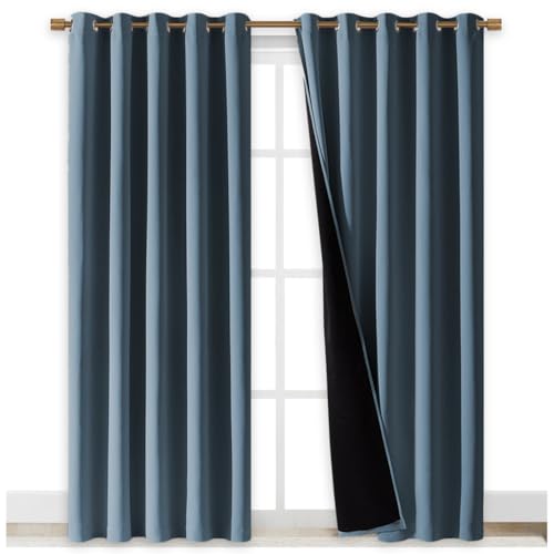 Image of NICETOWN 100% Blackout Window Curtain Panels, Smoky Blue, 2 Pieces, 70 inch Wide Each Panel, Cold and Full Light Blocking Drapes with Black Liner for Nursery, 84 inch Drop Thermal Insulated Draperies