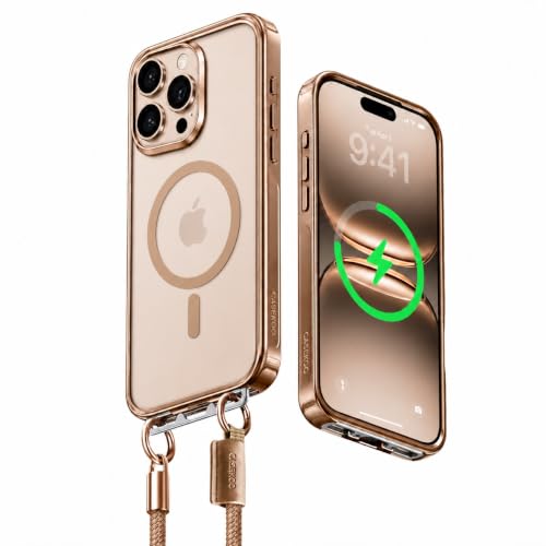 CASEKOO Linkoo für iPhone 16 Pro Hülle mit Band,【Patentiertes ClipSafe】: Versteckter Klapp-Clip, Glänzende Handyhülle für iPhone 16 Pro, Kompatibel mit MagSafe, Transparente Rückseite, Gold