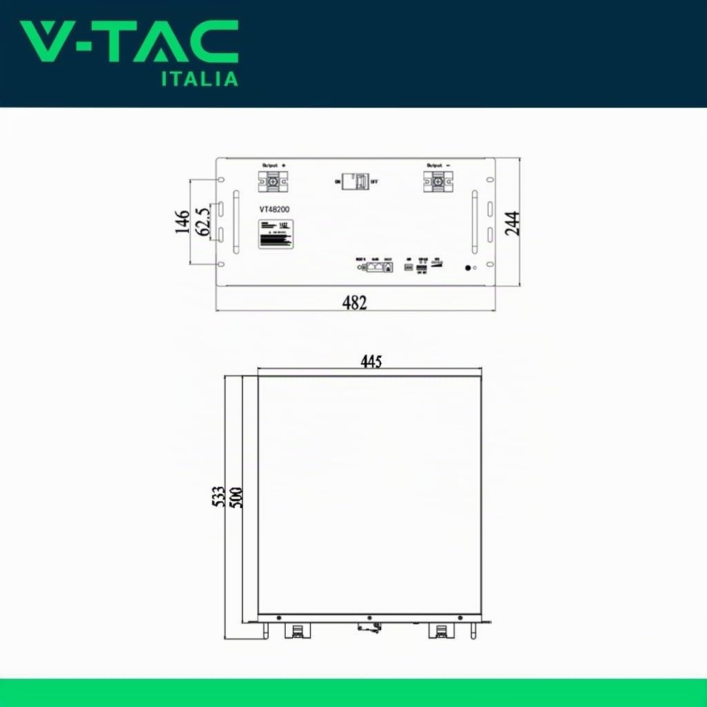Batteria di Accumulo 9.6kWh al Litio-Ferro-Fosfato LiFePO4 BMS Integrato Incluse Staffe per Ancoraggio a Muro per Inverter Fotovoltaici CEI 0-21 48V 200Ah