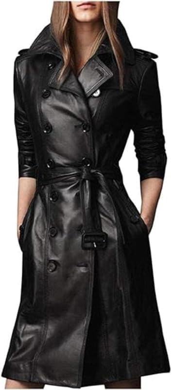 Women Black Leather Long Coat with Belt - Trench Coat Women | Slim Fit Design