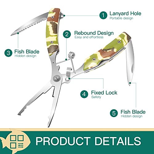 Fzeneast Fishing Pliers, Stainless Steel Multifunctional Fish Pliers, Camouflage Fishing Tool With Hook Remover, Sheath And Lanyard, Fishing Gifts For Men #TOP2