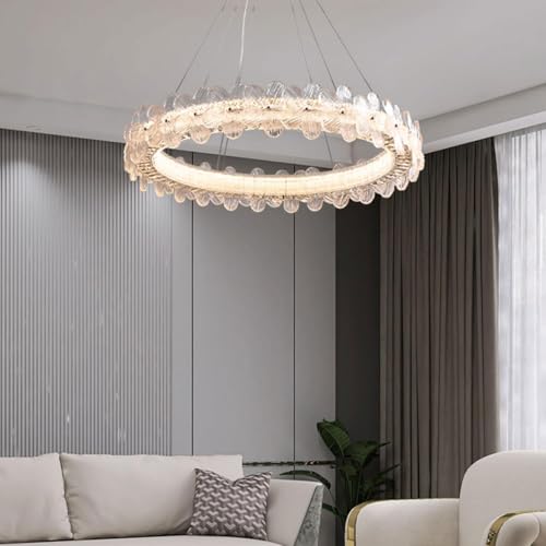 Grand lustre de luxe rond en verre transparent et suspension LED télécommandée