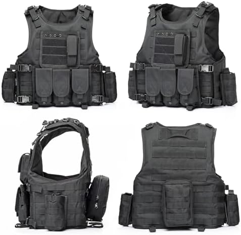 SANYETS Tactical Vest, Black Airsoft Plate Vest for Men,Army Molle Vest with Detachable Pouches and Cap,Gloves,Balaclava for Military Costume, Men's Tactical Airsoft Gear - 2