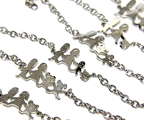 Bracciale famiglia family con catena e sagoma famiglia in acciaio inossidabile, regolabile. Handmade, realizzato a mano, (mamma + papà + bimbo + cane)