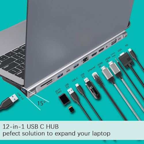 Image of USB C to 12 in 1 HUB Dock MST, Aluminium Type C Station 2* HDMI Port, 1* VGA, RJ45, 3 USB 3.0 Ports, 1 3.5mm Audio, USB-C Power Delivery, TF /SD Slot for Laptops /MAk (12 in 1 Dual HDMI Adapter)