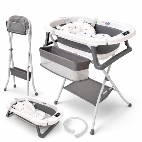 BATHBY | Bañera Plegable para Bebé con Soporte, Termómetro y Cojín Reductor | Uso con o sin Soporte | Patas Antideslizantes | Tubo de Desagüe | Cesta y Red Organizadora | Portátil y Compacta (Gris)