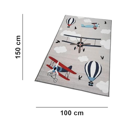 Image of Matz&More Kids Play Area Rug | 100x150 cm | Grey Blue Sky Adventure Design| Soft Nylon Loop Pile Carpet with Anti-Slip Backing | Children's Play, Bed & Classroom Floorings