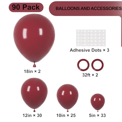 Image of Voircoloria 90pack Burgundy Balloons Different Size 18 /12 /10 /5 Inch Maroon Balloon Garland Arch Kit for Graduation, Thanksgiving Day, Autumn Fall Theme Party, Wedding, Birthday Decorations