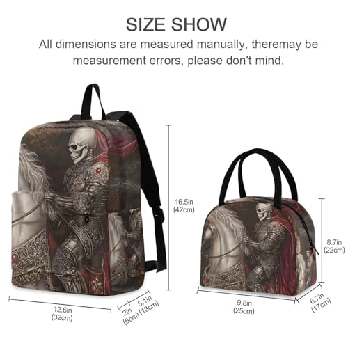 Backpack Lunch Box Set Large Capacity Travel Backpacks and Insulated Lunch Bag for Commute Hiking Picnic Vintage Skull Knight Print2