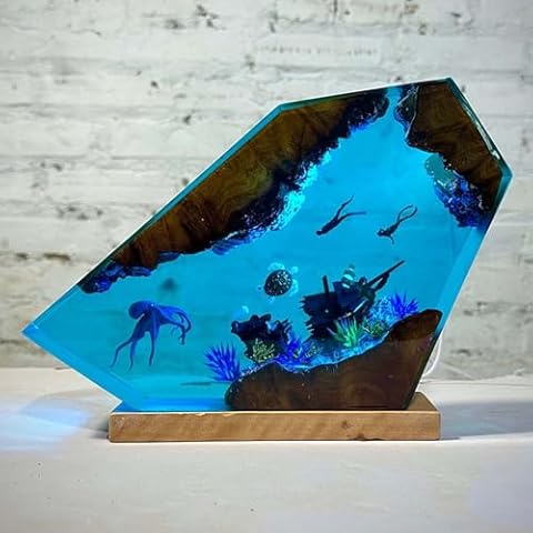 Drawelry Ocean Creative Epoxy Resin Wood Light Lamp, Handmade Multi Color Aquatic Ocean Lamp Deep Sea Cave Diving Enthusiasts Led Night Light Desktop Decor Valentine's Day Birthday Gift (Octopus, M) Cover