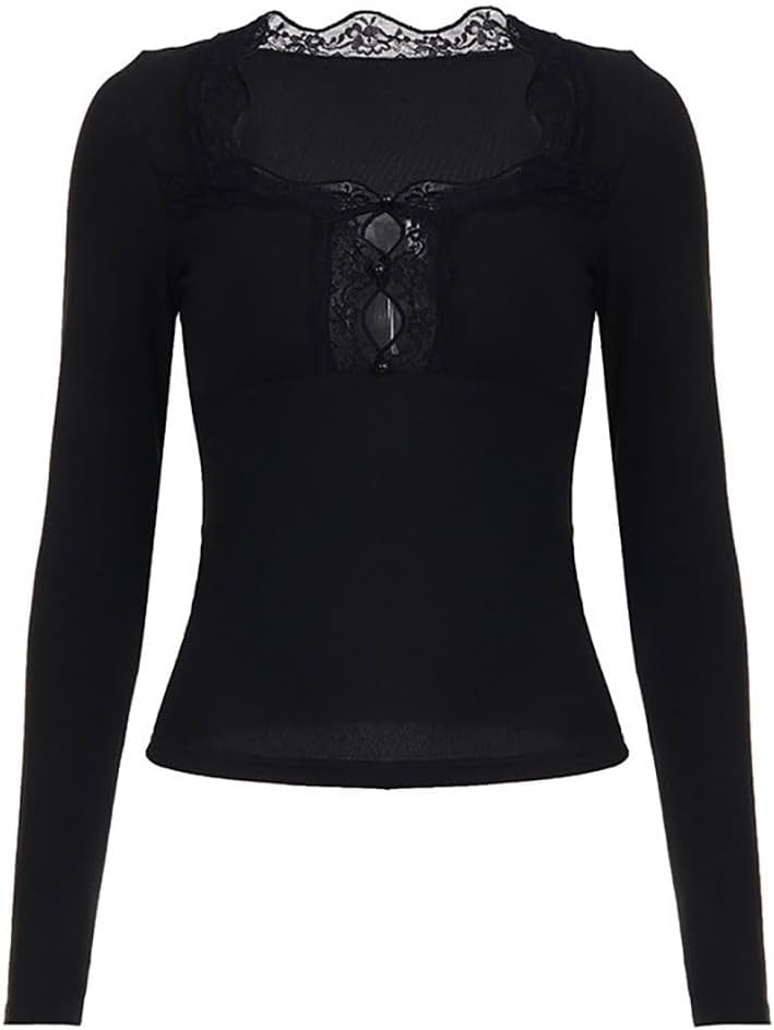 Women's Black Lace Long Sleeve Square Neck Crop Tops Retro Casual Trendy Fit Tee Shirt Stretch Hollow Out Blouse - Image 6