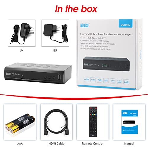 Image of August DVB482 Freeview HD Recorder - Set-Top Receiver Boxes, HDMI 1080p - Watch & Record Two Channels - EPG, TimeShift, USB Recording, Multimedia Player - Not Compatible With Satellite
