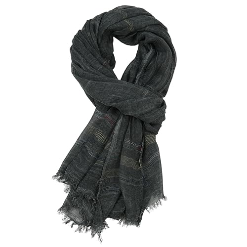 Image of Men's Striped Soft Cotton Linen Scarf,Mens Autumn and Winter Long Neckerchief Gentleman Men's Scarf,Unisex Tassel Woven Wrinkled Scarves 190 x 90 cm (Black)