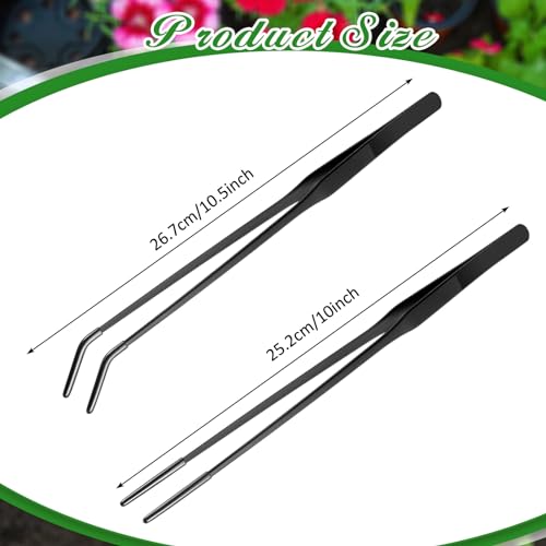Image of Lasnten 2 Pcs Extra Long Stainless Steel Reptile Feeding Tongs with Rubber Tip 10 Inch, 10.5 Inch Bearded Dragon Aquarium Straight and Curved Long Tweezer Terrarium Feeder Tool for Tank(Black)