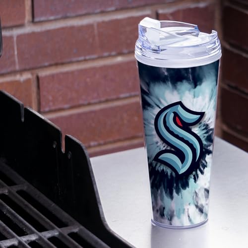 Image of Rico Industries NHL Hockey Team Color Tie Dye 24oz Metallic Acrylic Tumbler with Hinged Lid, Officially Licensed Double Wall Tumbler with Straw