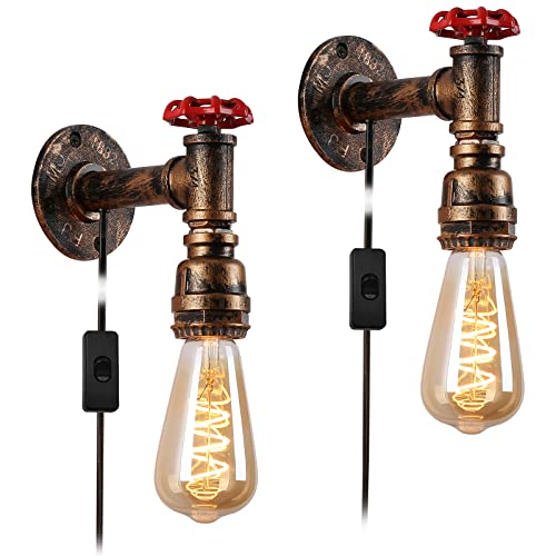 Industrial Set of 2 Wall Lamps with Plug in Cord