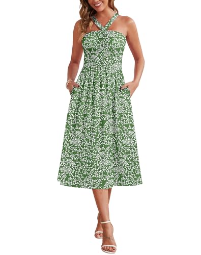 Zattcas Spring Summer Halter Top Green Floral Midi Dresses for Women Wedding Guest...