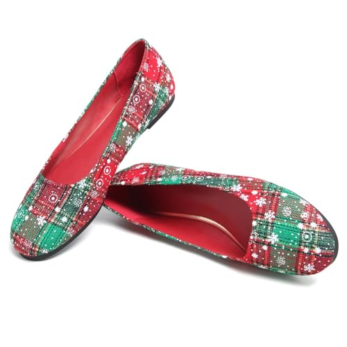 Hee grand Christmas Shoes for Women Pointed Toe Plaid Snowflake Flat Shoes Comfortable Slip on Flats Red/Green Shoes for Christmas3