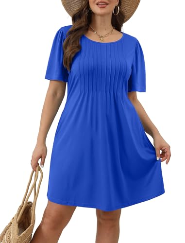 Image of SAMPEEL Womens Pleated Front Summer Dresses Casual Short Sleeve T Shirts Dress with Pockets Vacation Beach Cover UP
