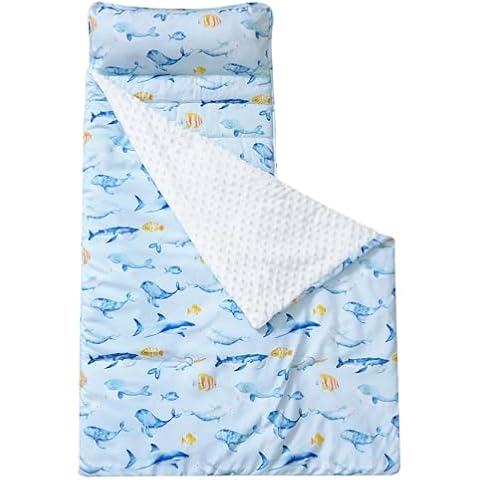 david's kids Toddler Nap Mat with Removable Pillow and Minky Fleece Blanket, Ultra Soft Slumber Bags for Boys, Perfect for Preschool, Daycare, Kids Sleeping Bags with Rollup Design, 50"x20", Whale Cover