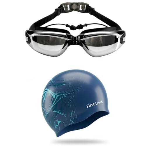 Image of First Lens Swimming Combo Pack with Anti-Fog Goggles, Swimm Cap - Silver Goggle + Aquawave Cap