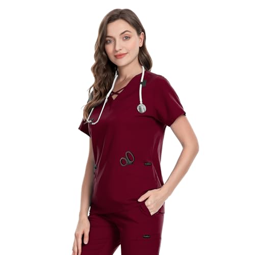 Image of VIAOLI Scrubs for Women Set Modern V-Neck Top & 8 Pocket Jogger Pants Nursing Uniform Solid Stretch Workwear