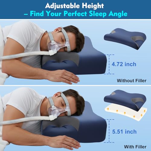 Image of Adjustable CPAP Pillow for Side & Back Sleepers - Reduce Mask Air Leaks & Pressure, Cervical Memory Foam Neck Support with 2cm Removable Insert, Cooling Washable Cover - Fits Full Face & Nasal Masks