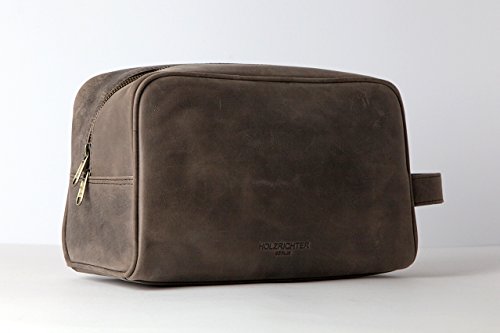 Foto von HOLZRICHTER Berlin - Kulturtasche aus Leder für Damen & Herren (No-3-1), Kulturbeutel 15x25x13cm, Echtleder Waschtasche, Schokoladenbraun