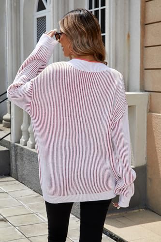 Image of Cakulo Womens Fall 2025 Oversized Striped V Neck Sweaters Long Sleeve Knit Color Block Trendy Pullover Sweater Top